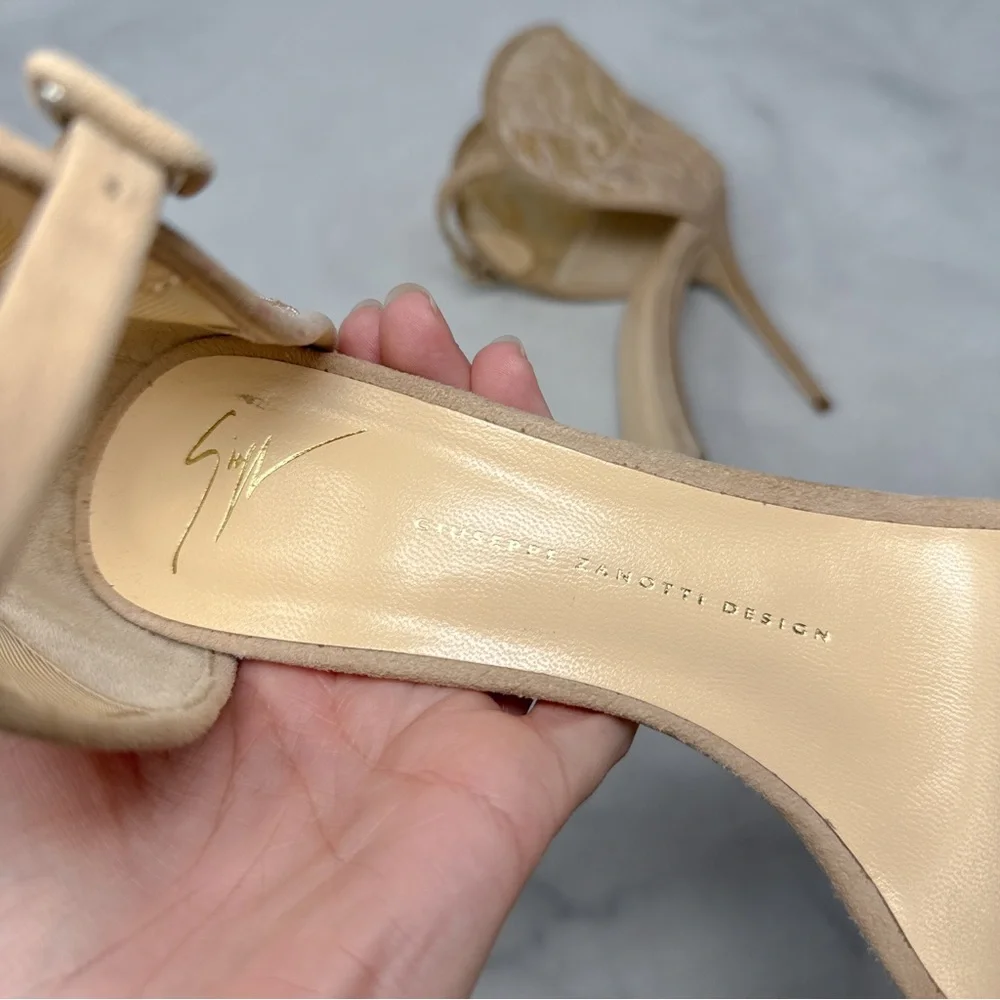 Giuseppe Zanotti Mistico Lace Cuff Buckle Suede Open Toe Stiletto Sandal Heel 40